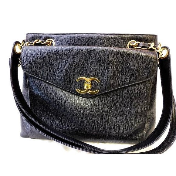 Chanel Handbags - Chanel Turnlock Chain Tote Bag Caviar Skin Black Gold